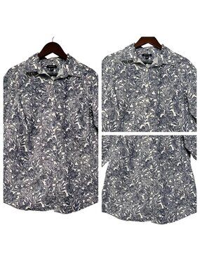 Lands End Womens 16W Blue White Floral Button-Down Shirt Long Sleeve 100% Cotton
